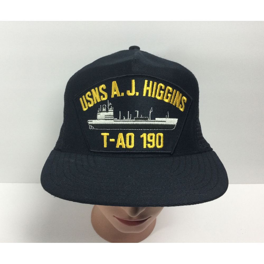 Vintage USNS A J Higgins T-AO 190 hat black SnapBack cap US‎ Navy made USA